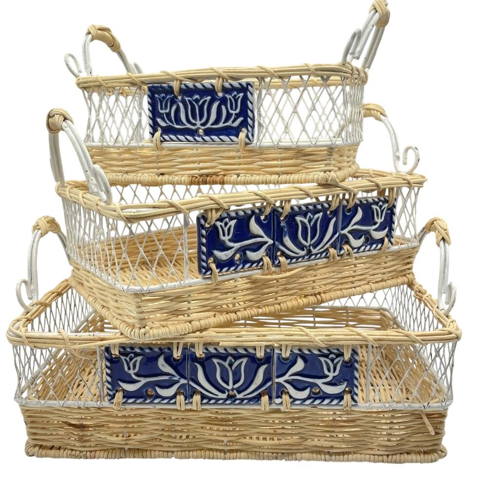 Vintage Three Piece Rectangle Woven Basket With Blue Porcelain Tile Accents